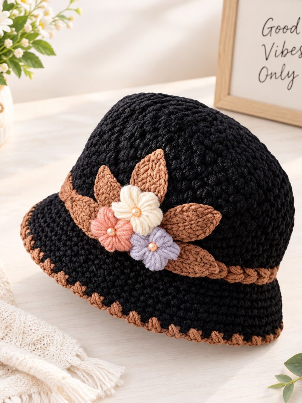 Women’s Thick Knitted Woolen Flower Beanie Hat – Winter Crochet Bucket Hat